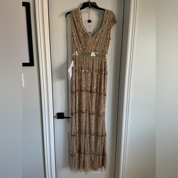 Nwt Mac Duggal Cap Sleeve Embellished Column Gown in Nude - Picture 5 of 15